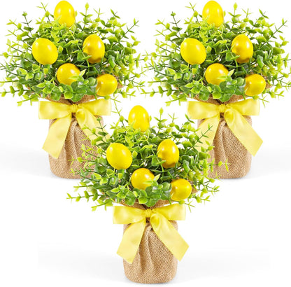 3 Pack Artificial Potted Lemon Flowers Plastic Faux Lemons in Small Burlap Bag Vases Fake Lemons Potted Plants for Spring Summer Home Farmhouse Office Kitchen Indoor Outdoor Table Decoration