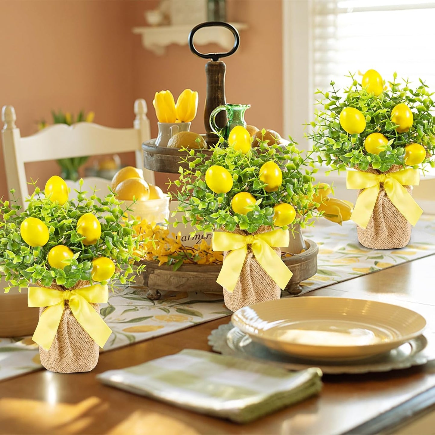 3 Pack Artificial Potted Lemon Flowers Plastic Faux Lemons in Small Burlap Bag Vases Fake Lemons Potted Plants for Spring Summer Home Farmhouse Office Kitchen Indoor Outdoor Table Decoration