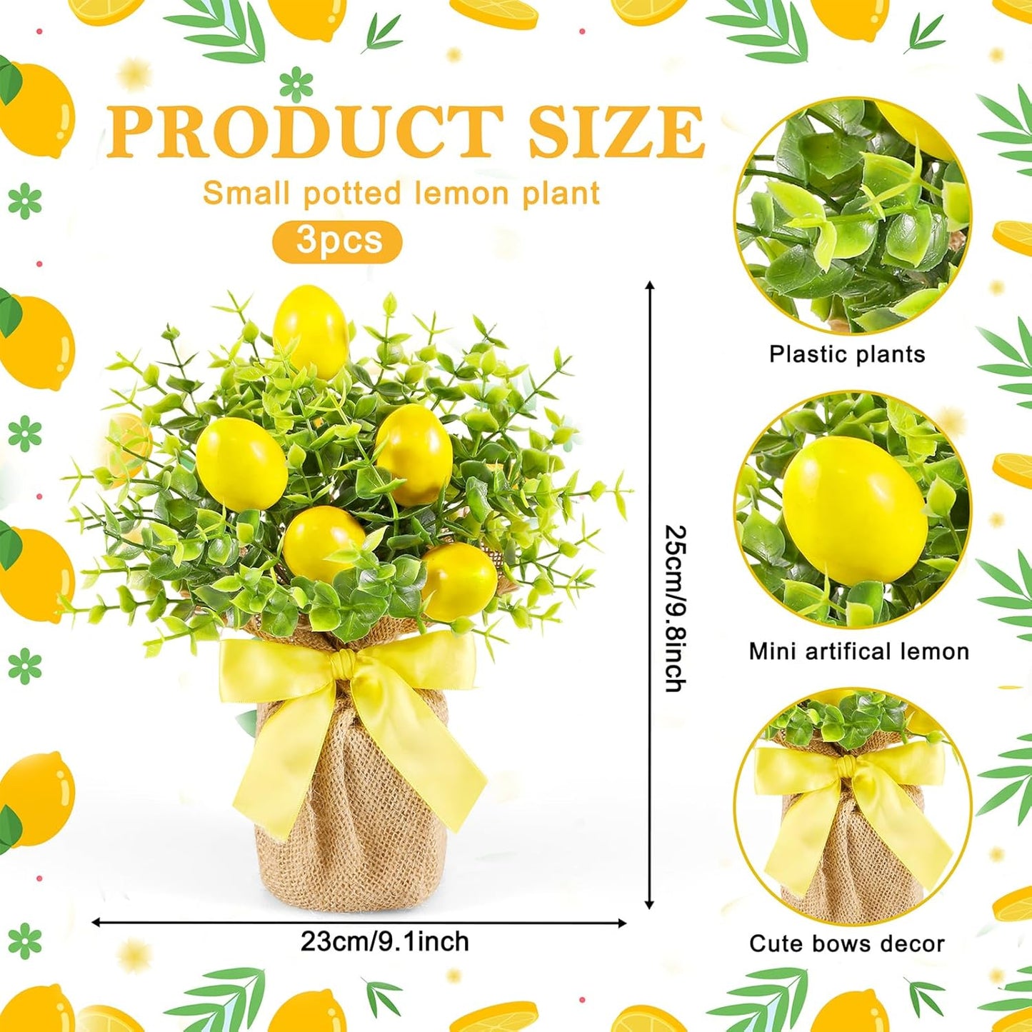 3 Pack Artificial Potted Lemon Flowers Plastic Faux Lemons in Small Burlap Bag Vases Fake Lemons Potted Plants for Spring Summer Home Farmhouse Office Kitchen Indoor Outdoor Table Decoration