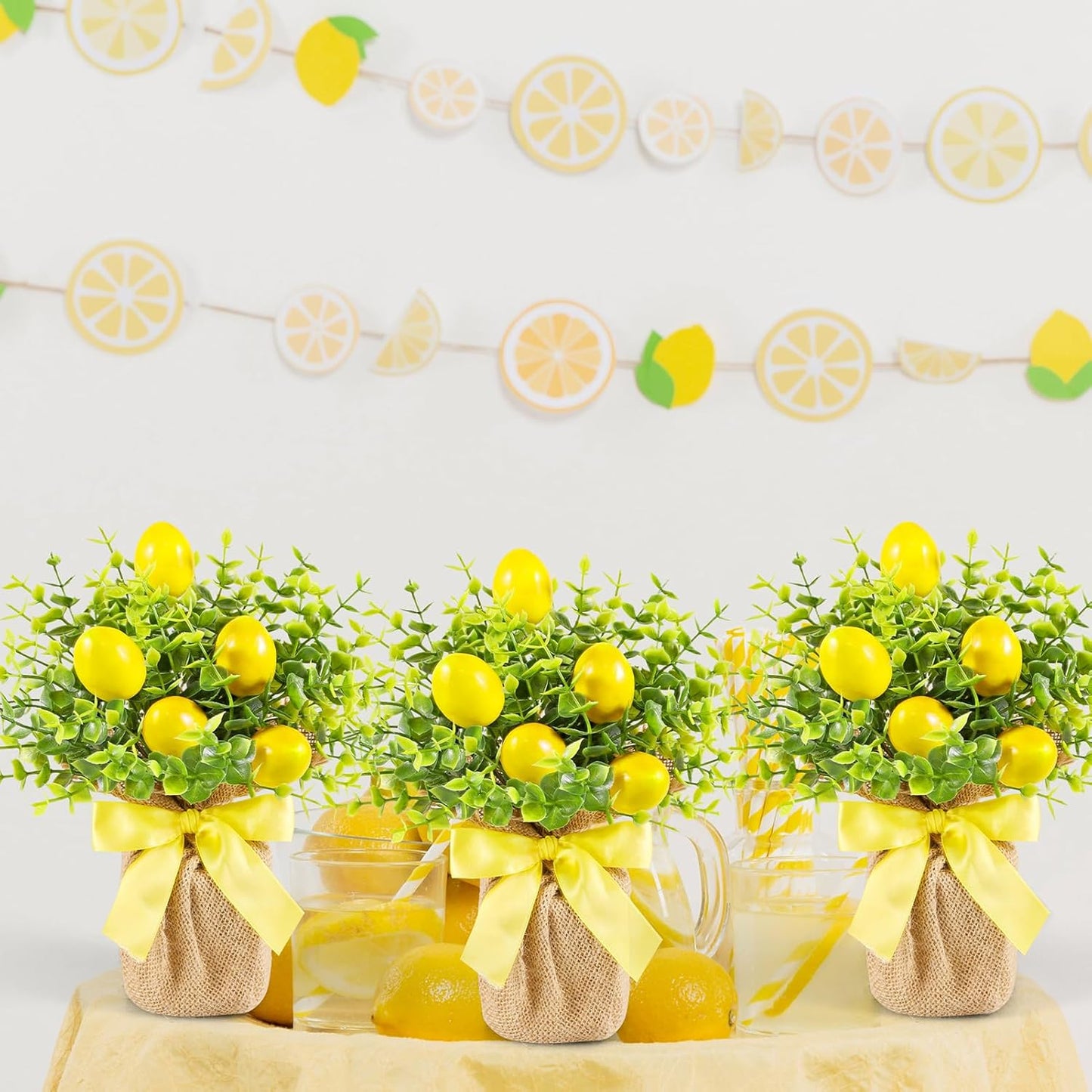 3 Pack Artificial Potted Lemon Flowers Plastic Faux Lemons in Small Burlap Bag Vases Fake Lemons Potted Plants for Spring Summer Home Farmhouse Office Kitchen Indoor Outdoor Table Decoration