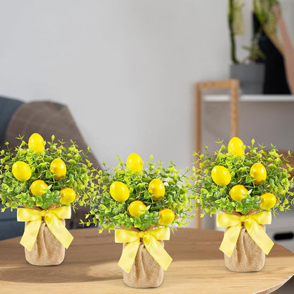 3 Pack Artificial Potted Lemon Flowers Plastic Faux Lemons in Small Burlap Bag Vases Fake Lemons Potted Plants for Spring Summer Home Farmhouse Office Kitchen Indoor Outdoor Table Decoration