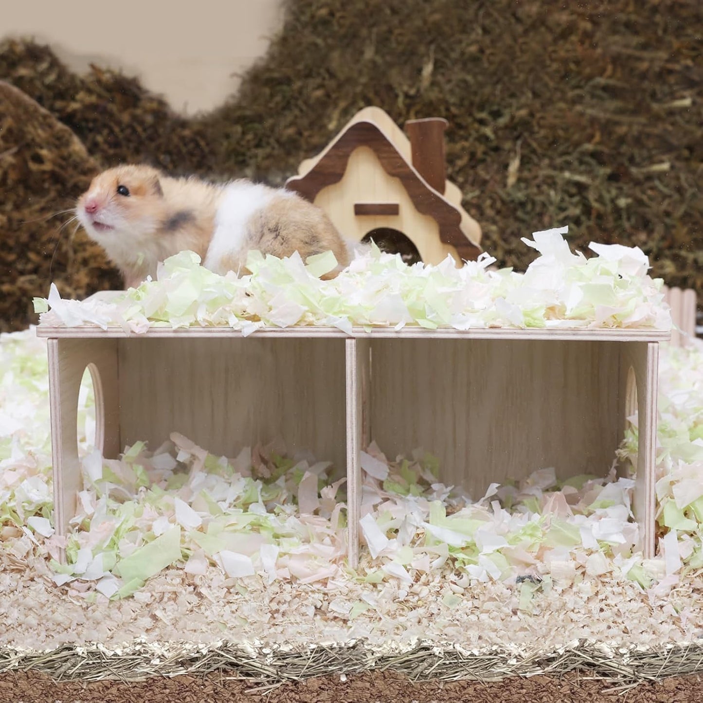 Hamster Peep Tunnel, 2-Chamber Wooden Hamster Hideout, Water-Resistant Platform for Dwarf Hamsters and Small Pets, 8.3" x 4.3" x 3.1"