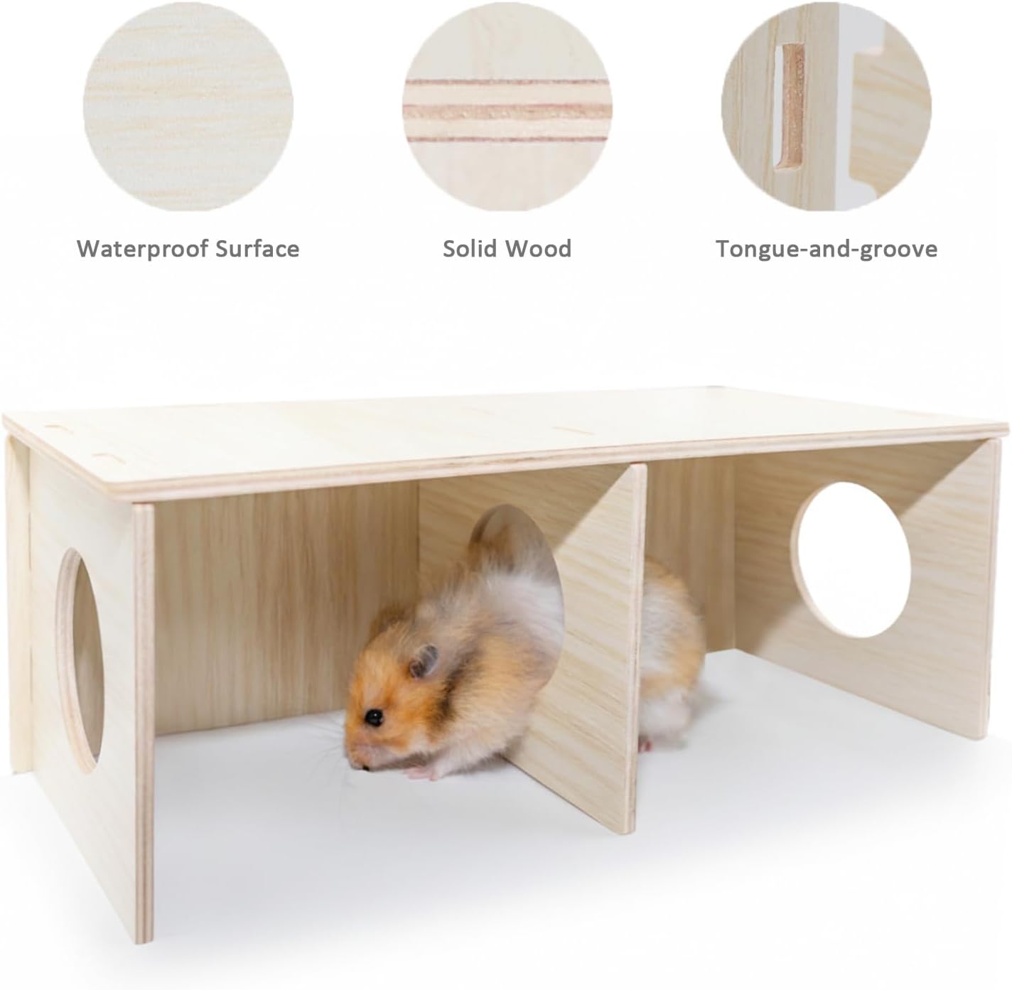 Hamster Peep Tunnel, 2-Chamber Wooden Hamster Hideout, Water-Resistant Platform for Dwarf Hamsters and Small Pets, 8.3" x 4.3" x 3.1"