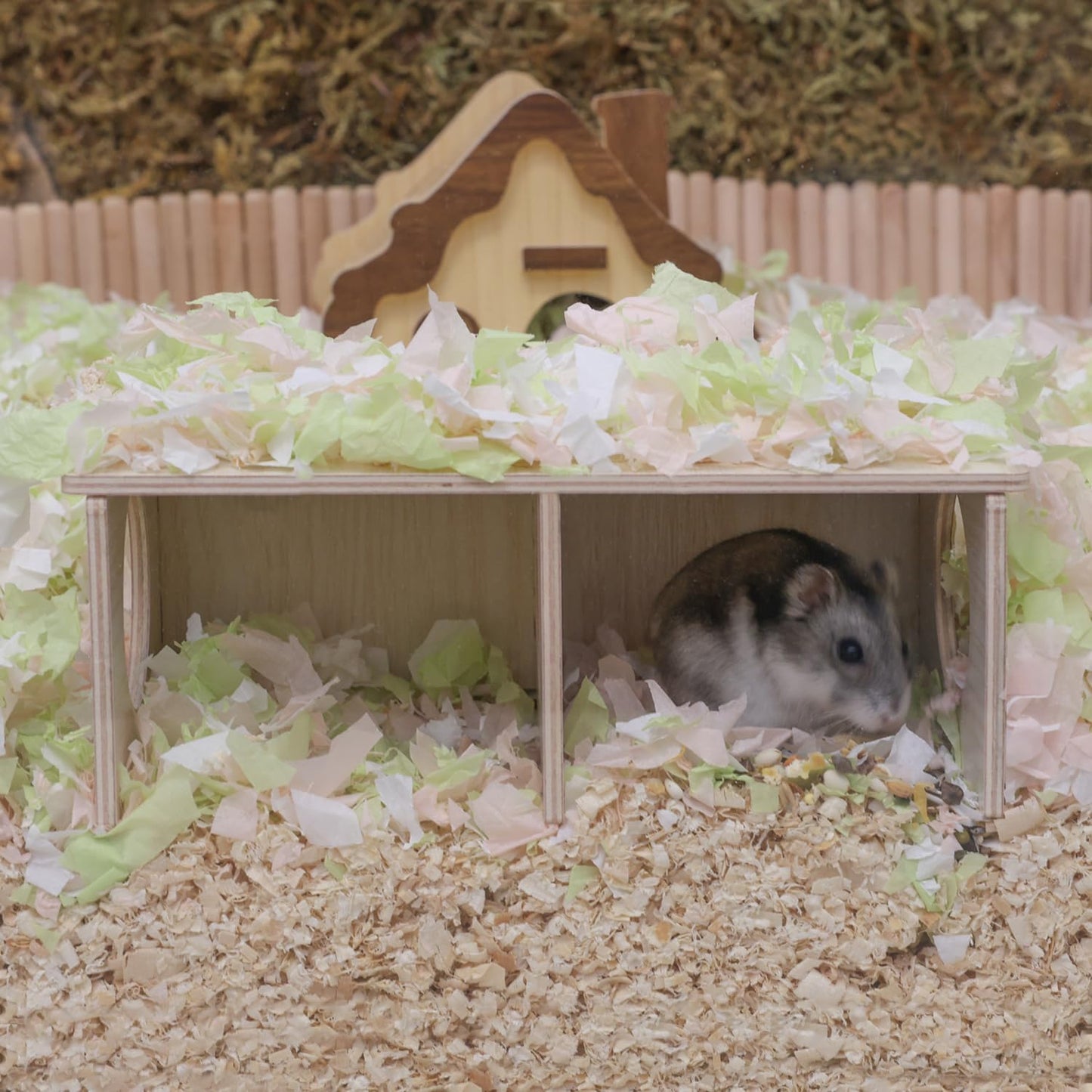 Hamster Peep Tunnel, 2-Chamber Wooden Hamster Hideout, Water-Resistant Platform for Dwarf Hamsters and Small Pets, 8.3" x 4.3" x 3.1"