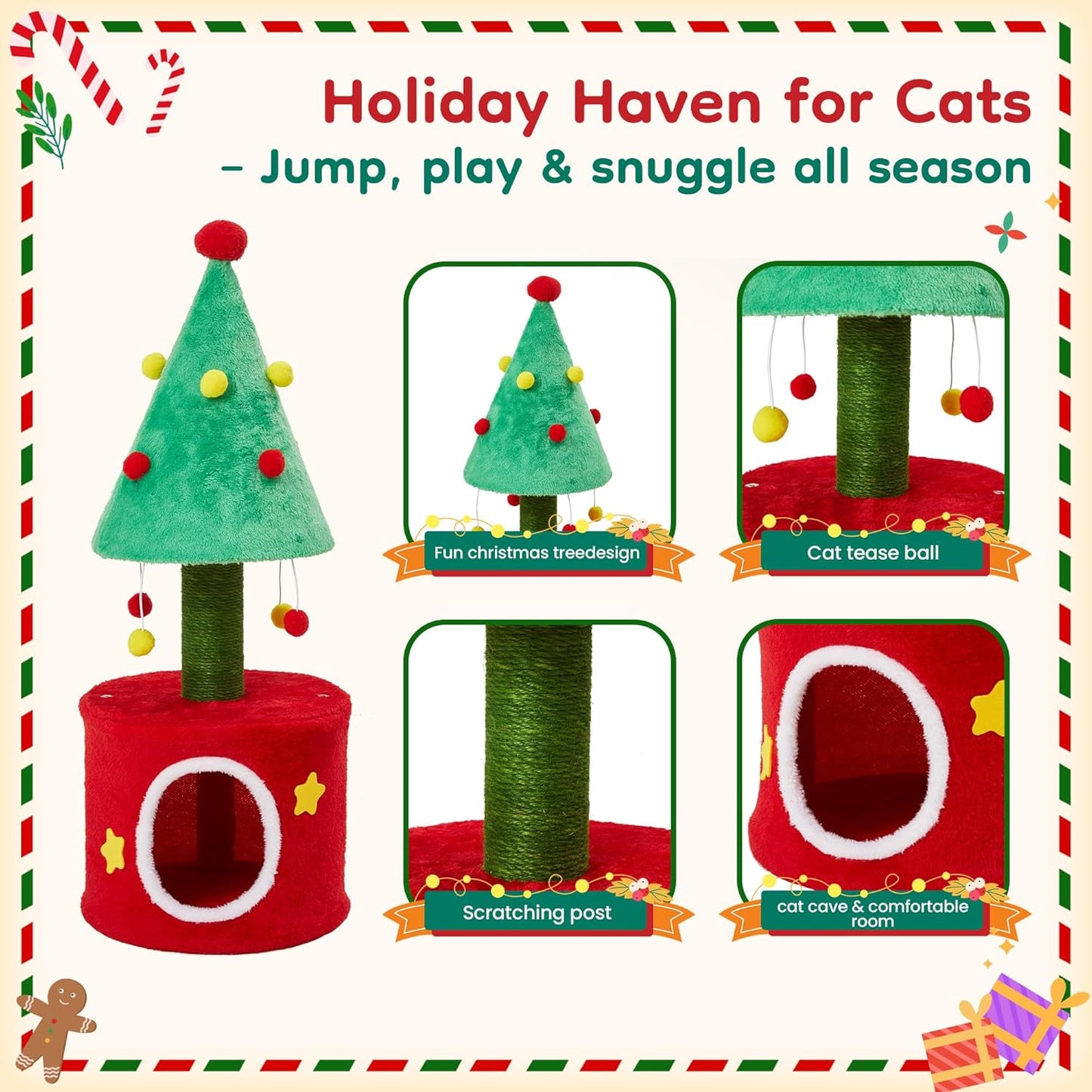 Cat Tree, 62" Cat Tower with Heavy Duty Base and Scratching Posts, Multi-Level Plant-Like Cat Furniture, Sisal Cat Scratcher & Cozy Cat Condo, a Holiday Favorite for Indoor Cats,Green