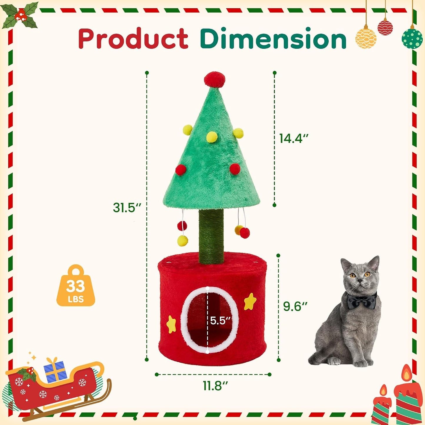 Cat Tree, 62" Cat Tower with Heavy Duty Base and Scratching Posts, Multi-Level Plant-Like Cat Furniture, Sisal Cat Scratcher & Cozy Cat Condo, a Holiday Favorite for Indoor Cats,Green