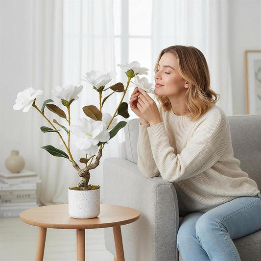 24" Artificial Magnolia Tree in White Planter, Realistic Magnolia Grandiflora with 6 Lifelike Flowers, Fake Potted Plant for Home Office Decor Indoor Outdoor