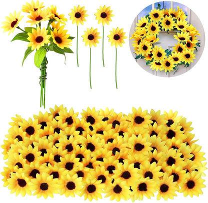 50 Pcs Mini Artificial Sunflower Heads with Iron Stems for Home Party Decoration Wedding Decor, Bride Holding Flowers Centerpieces Wreath Garden DIY Art Decor Crafts (1.5 Inch)