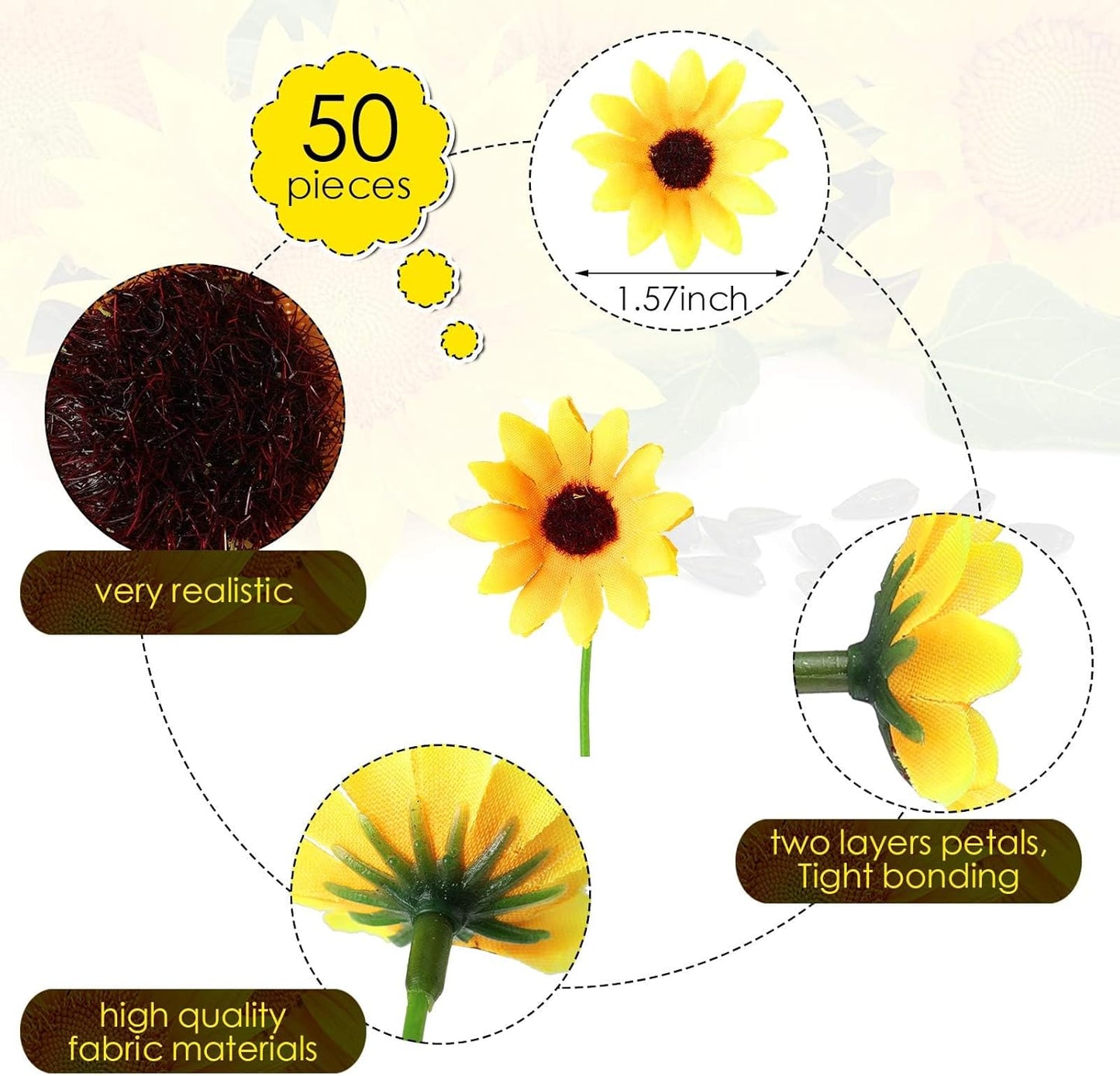 50 Pcs Mini Artificial Sunflower Heads with Iron Stems for Home Party Decoration Wedding Decor, Bride Holding Flowers Centerpieces Wreath Garden DIY Art Decor Crafts (1.5 Inch)