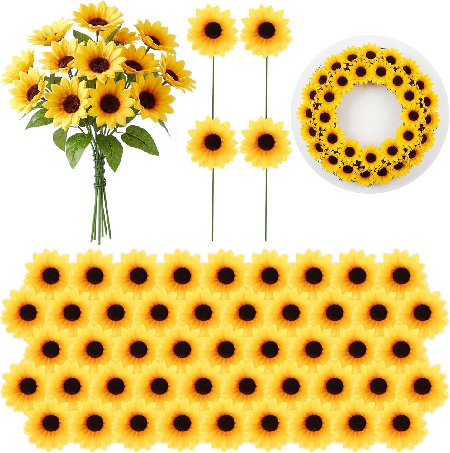 50 Pcs Mini Artificial Sunflower Heads with Iron Stems for Home Party Decoration Wedding Decor, Bride Holding Flowers Centerpieces Wreath Garden DIY Art Decor Crafts (1.5 Inch)
