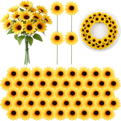 50 Pcs Mini Artificial Sunflower Heads with Iron Stems for Home Party Decoration Wedding Decor, Bride Holding Flowers Centerpieces Wreath Garden DIY Art Decor Crafts (1.5 Inch)