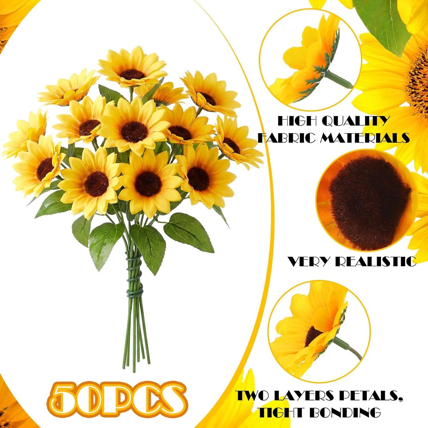 50 Pcs Mini Artificial Sunflower Heads with Iron Stems for Home Party Decoration Wedding Decor, Bride Holding Flowers Centerpieces Wreath Garden DIY Art Decor Crafts (1.5 Inch)
