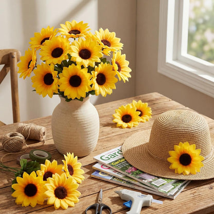 50 Pcs Mini Artificial Sunflower Heads with Iron Stems for Home Party Decoration Wedding Decor, Bride Holding Flowers Centerpieces Wreath Garden DIY Art Decor Crafts (1.5 Inch)