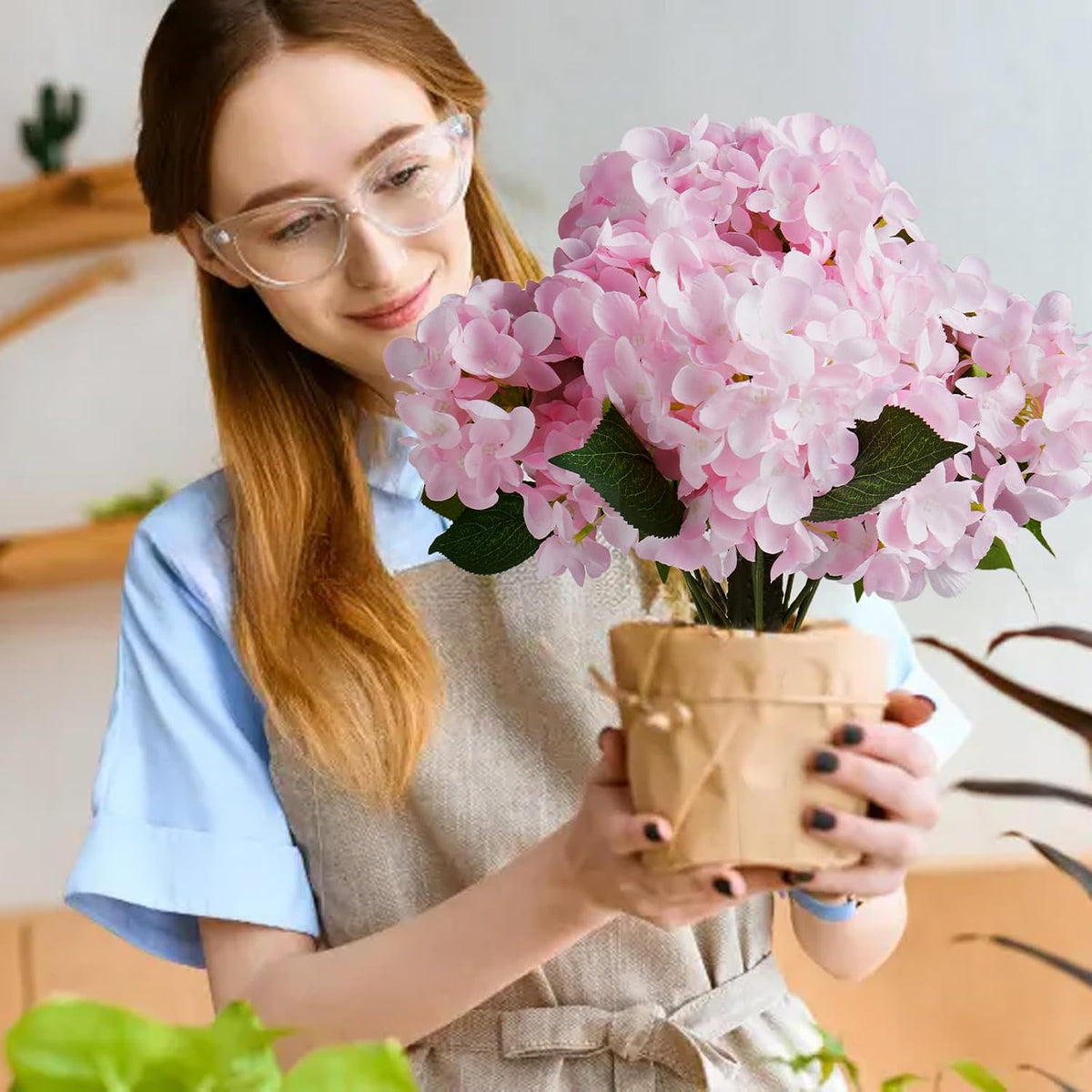 Artificial Hydrangea Flowers with Spikes, 2 Pack 20 Inch Tall Realistic Fake Hydrangea Silk Flowers for Office Home Party Wedding Outdoor Garden Patio Yard Planter Decor (Light Pink)