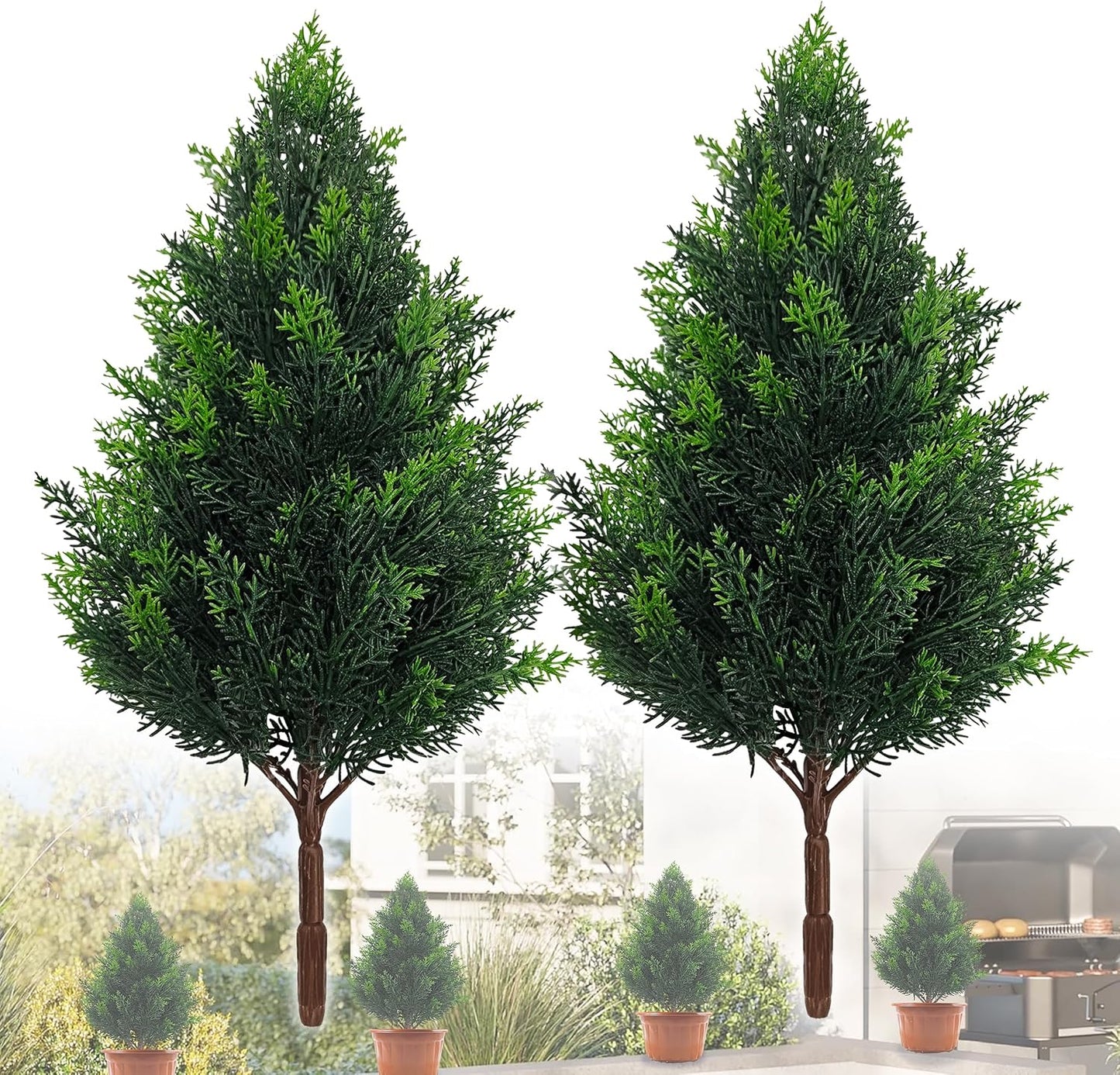 20 Inch (2 Pack), Artificial Cedar Topiary Plants, UV Resistant | Faux Pine Stems Shrubs Plastic Greenery, Outdoor Indoor Home Decor, Garden, Front Porch, Office, Restaurant & Holiday Party