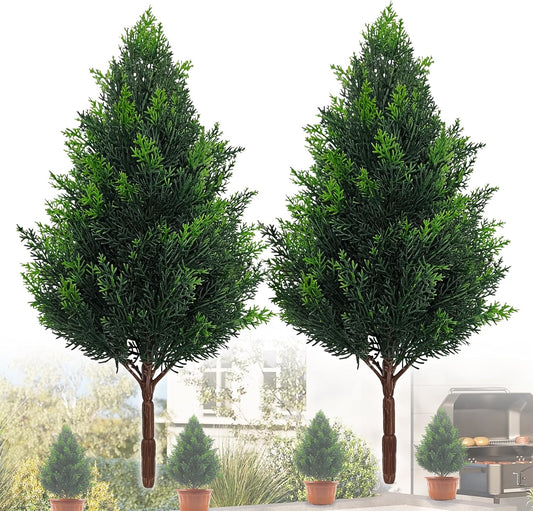 20 Inch (2 Pack), Artificial Cedar Topiary Plants, UV Resistant | Faux Pine Stems Shrubs Plastic Greenery, Outdoor Indoor Home Decor, Garden, Front Porch, Office, Restaurant & Holiday Party
