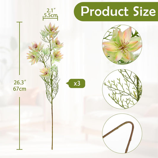 3Pcs Pink Artificial Flowers Silk 26.3" Fake Protea Flower with Long Stem Faux Flowers Arrangement Branch with 6 Heads for DIY Wedding Party Centerpiece Floral Bouquets Table Home Decor