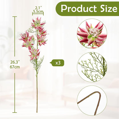 3Pcs Pink Artificial Flowers Silk 26.3" Fake Protea Flower with Long Stem Faux Flowers Arrangement Branch with 6 Heads for DIY Wedding Party Centerpiece Floral Bouquets Table Home Decor