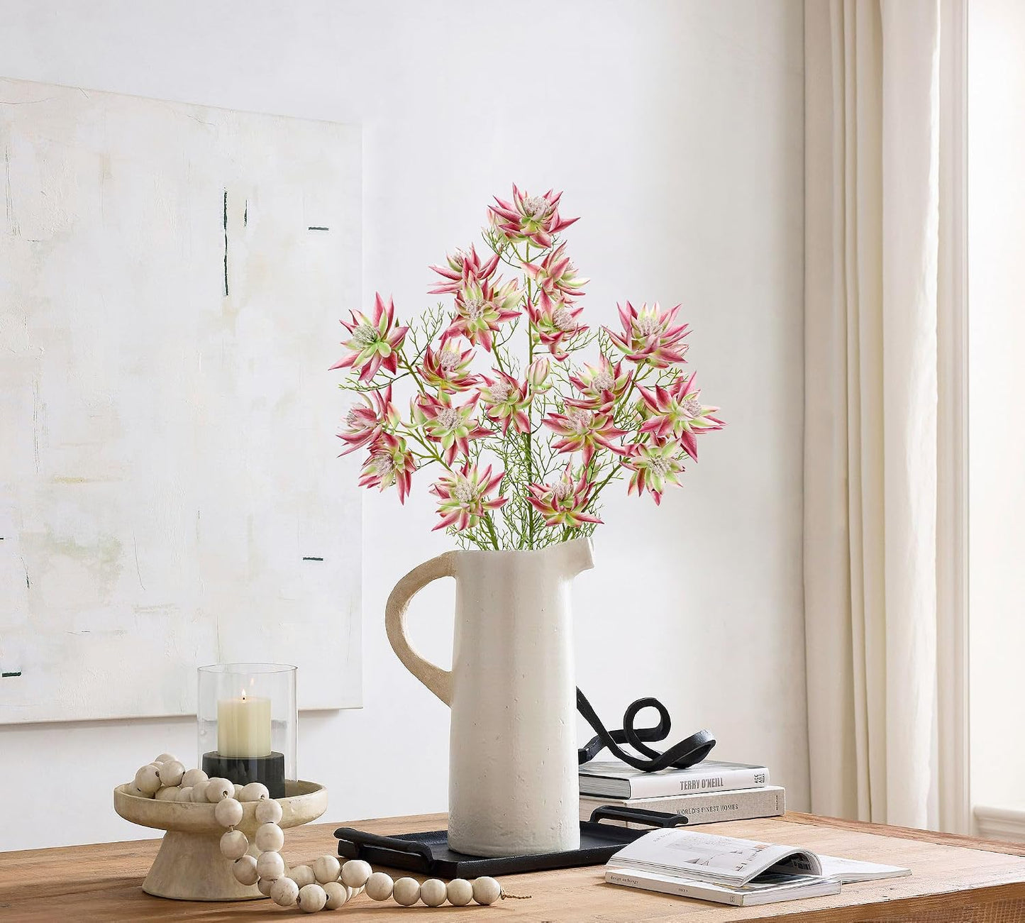 3Pcs Pink Artificial Flowers Silk 26.3" Fake Protea Flower with Long Stem Faux Flowers Arrangement Branch with 6 Heads for DIY Wedding Party Centerpiece Floral Bouquets Table Home Decor