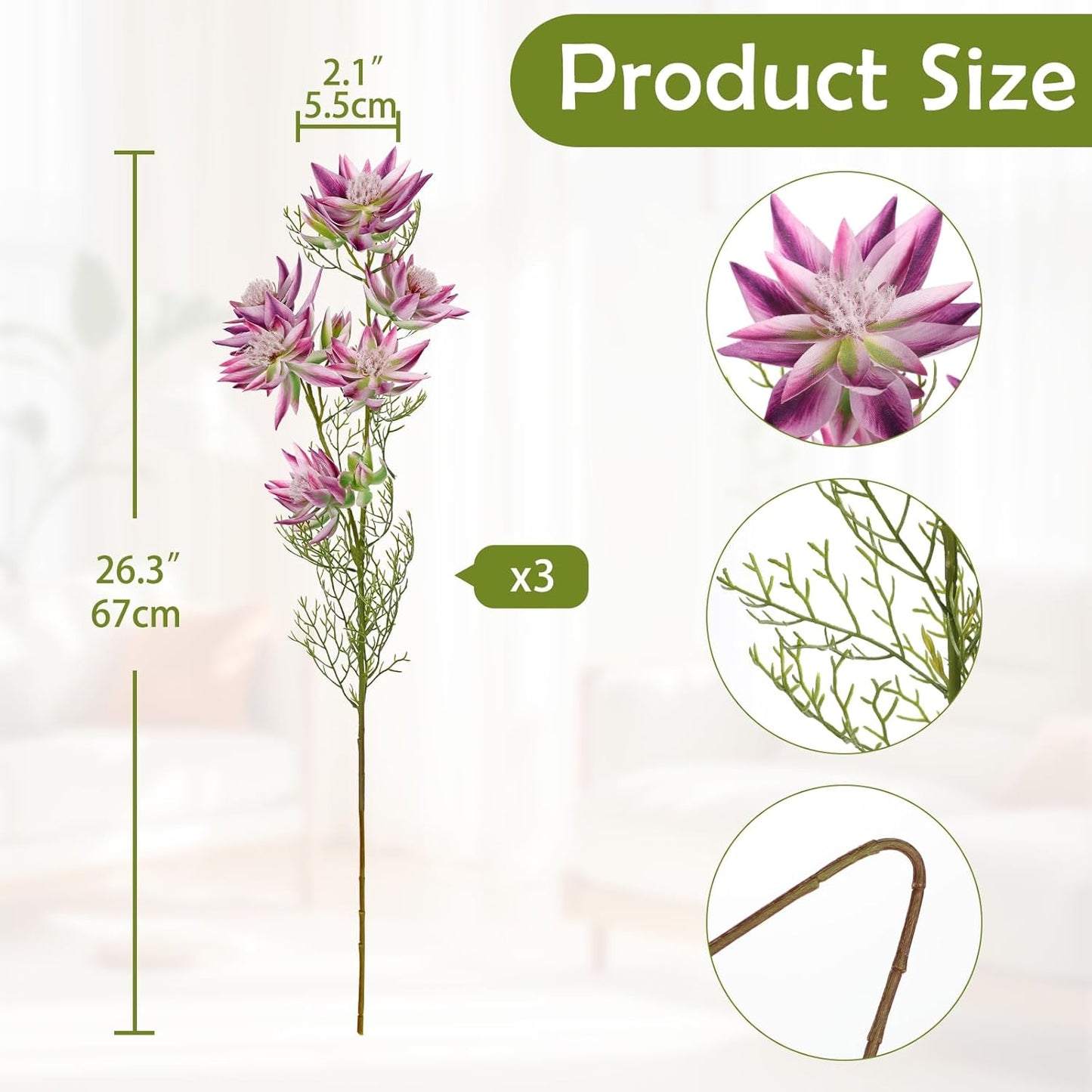 3Pcs Pink Artificial Flowers Silk 26.3" Fake Protea Flower with Long Stem Faux Flowers Arrangement Branch with 6 Heads for DIY Wedding Party Centerpiece Floral Bouquets Table Home Decor