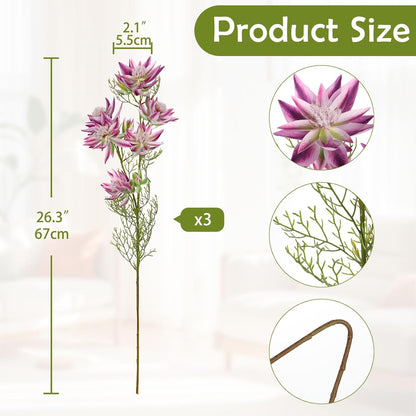 3Pcs Pink Artificial Flowers Silk 26.3" Fake Protea Flower with Long Stem Faux Flowers Arrangement Branch with 6 Heads for DIY Wedding Party Centerpiece Floral Bouquets Table Home Decor