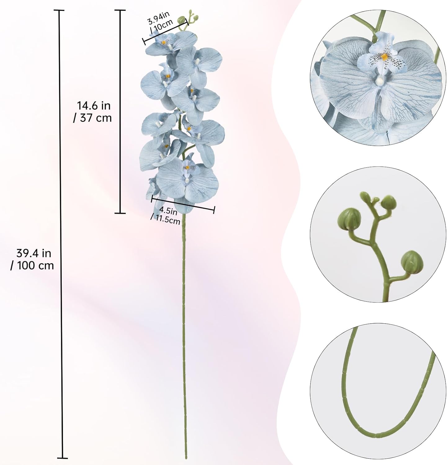 40.16" White Orchid Artificial Flowers 5PCS Fake Orchid Long Stems Phalaenopsis Branches Real Touch Silk Orchids for Vase for Bridal Shower Home Party Wedding Decoration (White)
