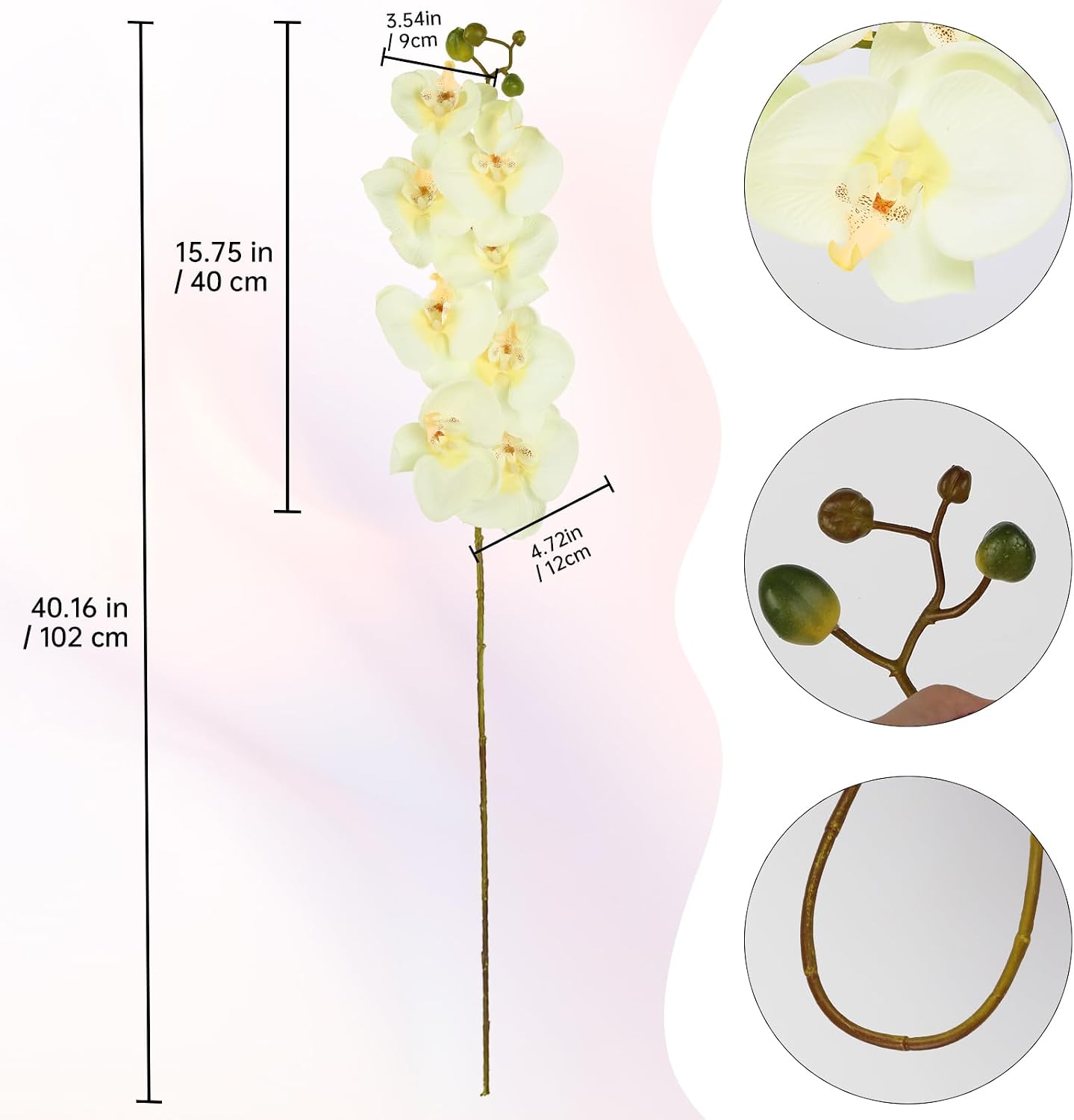 40.16" White Orchid Artificial Flowers 5PCS Fake Orchid Long Stems Phalaenopsis Branches Real Touch Silk Orchids for Vase for Bridal Shower Home Party Wedding Decoration (White)