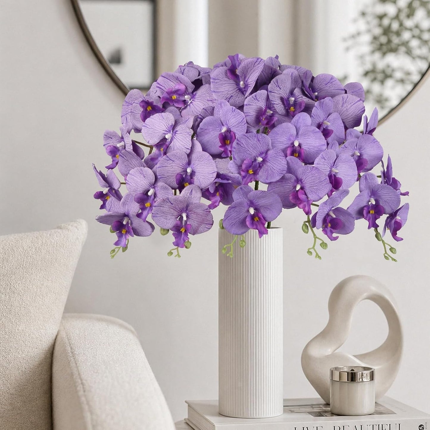 40.16" White Orchid Artificial Flowers 5PCS Fake Orchid Long Stems Phalaenopsis Branches Real Touch Silk Orchids for Vase for Bridal Shower Home Party Wedding Decoration (White)