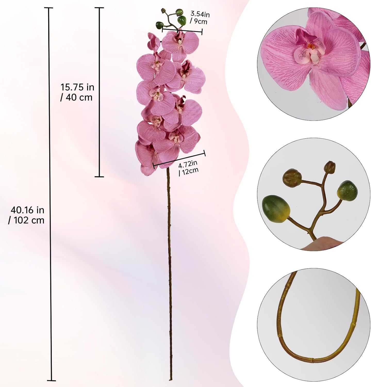 40.16" White Orchid Artificial Flowers 5PCS Fake Orchid Long Stems Phalaenopsis Branches Real Touch Silk Orchids for Vase for Bridal Shower Home Party Wedding Decoration (White)