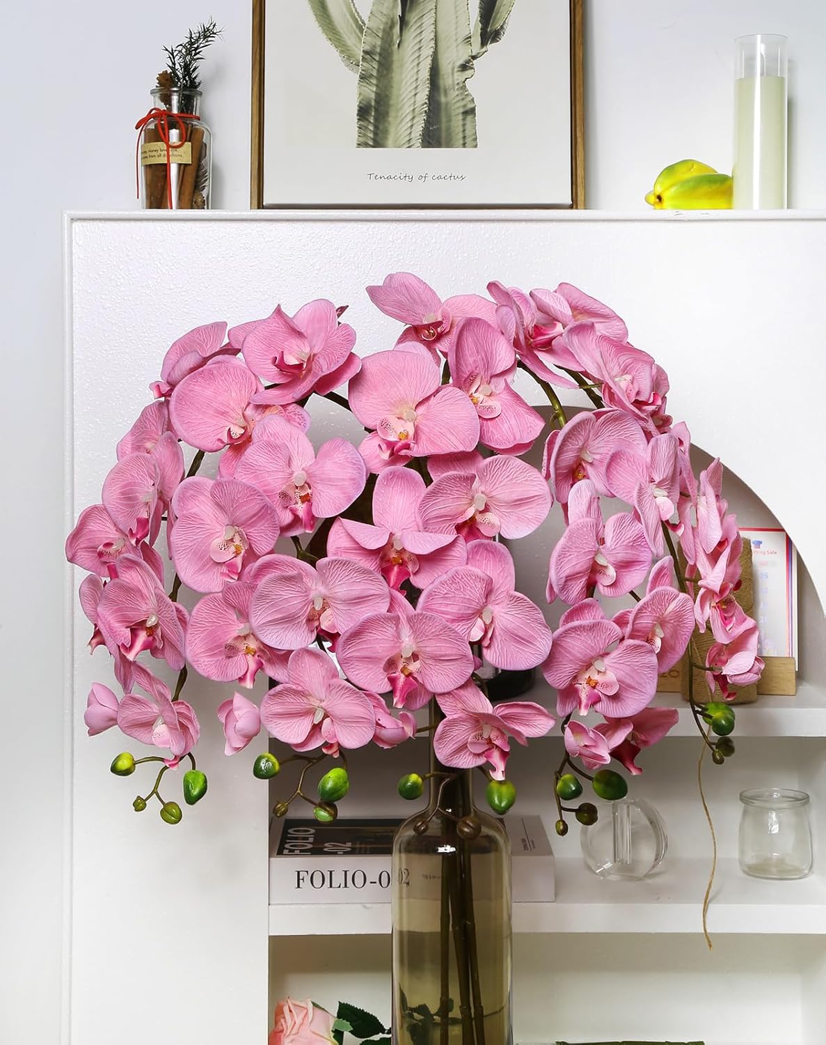 40.16" White Orchid Artificial Flowers 5PCS Fake Orchid Long Stems Phalaenopsis Branches Real Touch Silk Orchids for Vase for Bridal Shower Home Party Wedding Decoration (White)