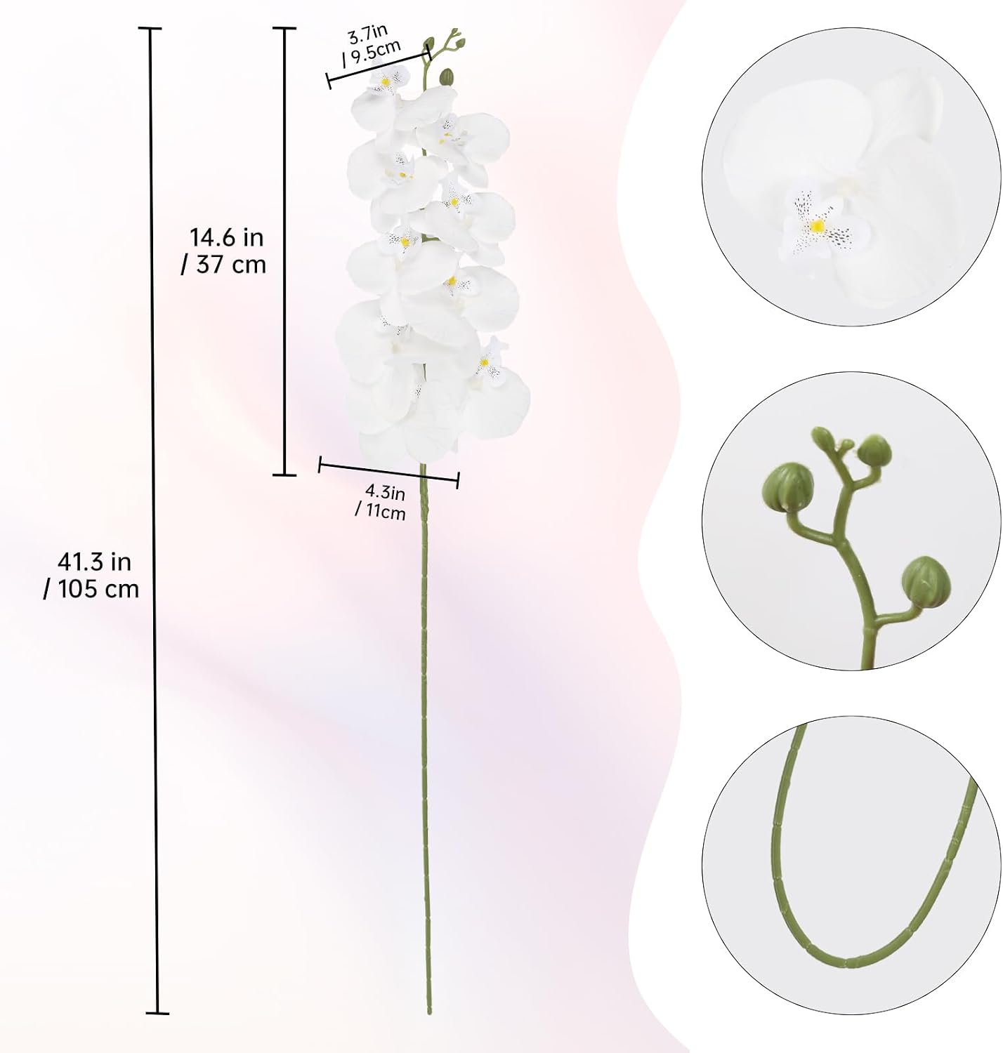40.16" White Orchid Artificial Flowers 5PCS Fake Orchid Long Stems Phalaenopsis Branches Real Touch Silk Orchids for Vase for Bridal Shower Home Party Wedding Decoration (White)