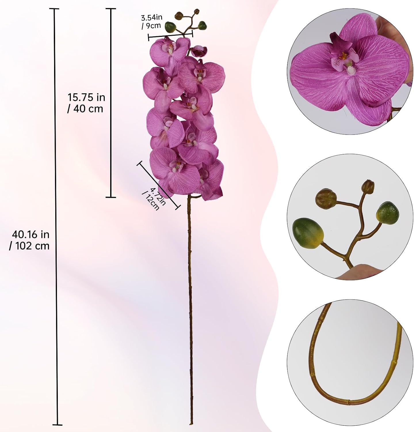 40.16" White Orchid Artificial Flowers 5PCS Fake Orchid Long Stems Phalaenopsis Branches Real Touch Silk Orchids for Vase for Bridal Shower Home Party Wedding Decoration (White)