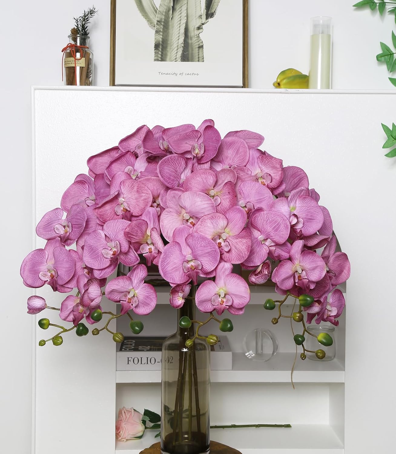 40.16" White Orchid Artificial Flowers 5PCS Fake Orchid Long Stems Phalaenopsis Branches Real Touch Silk Orchids for Vase for Bridal Shower Home Party Wedding Decoration (White)