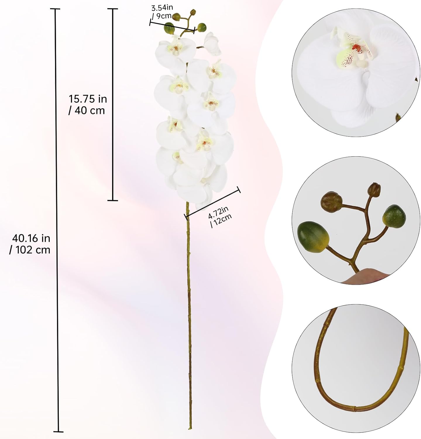 40.16" White Orchid Artificial Flowers 5PCS Fake Orchid Long Stems Phalaenopsis Branches Real Touch Silk Orchids for Vase for Bridal Shower Home Party Wedding Decoration (White)