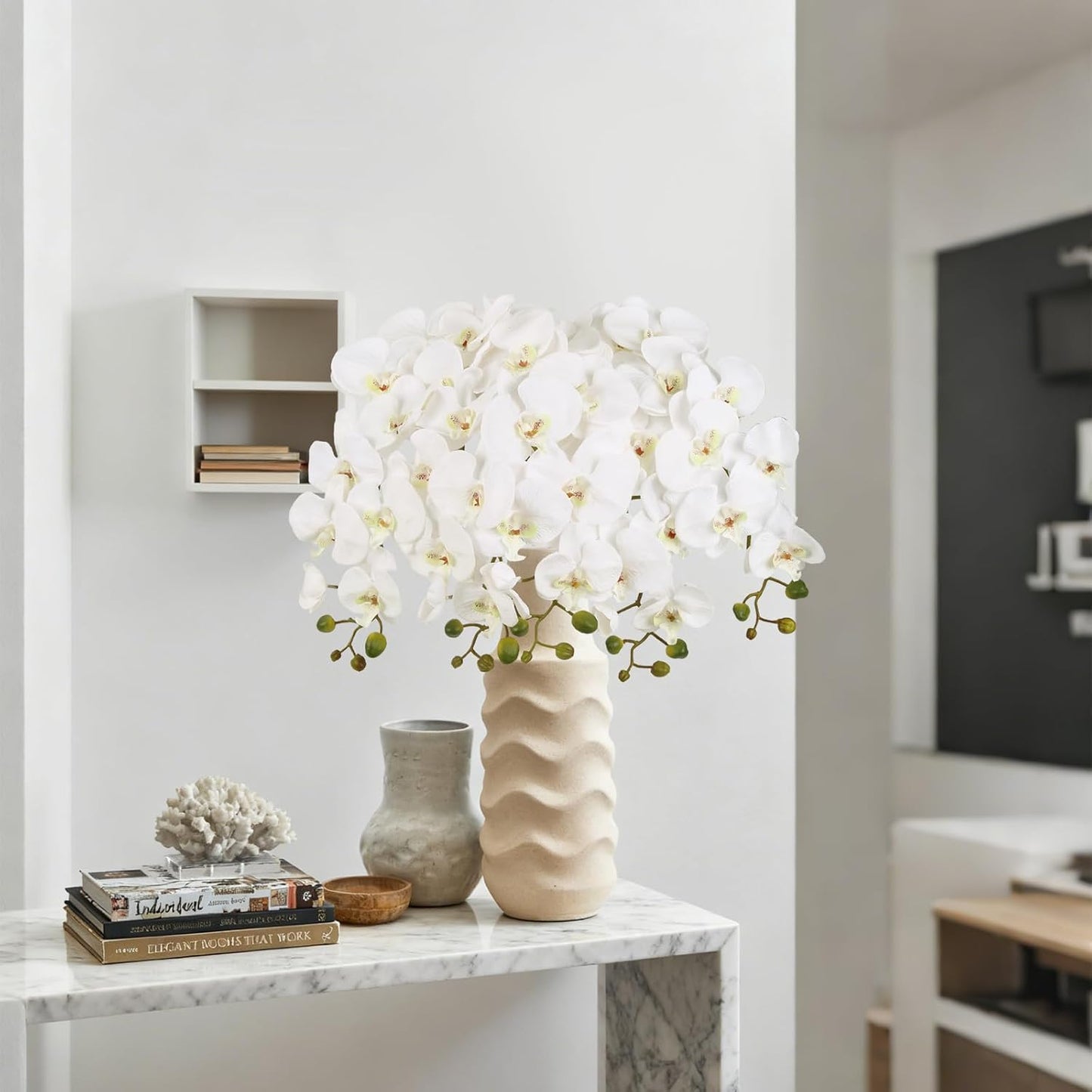 40.16" White Orchid Artificial Flowers 5PCS Fake Orchid Long Stems Phalaenopsis Branches Real Touch Silk Orchids for Vase for Bridal Shower Home Party Wedding Decoration (White)