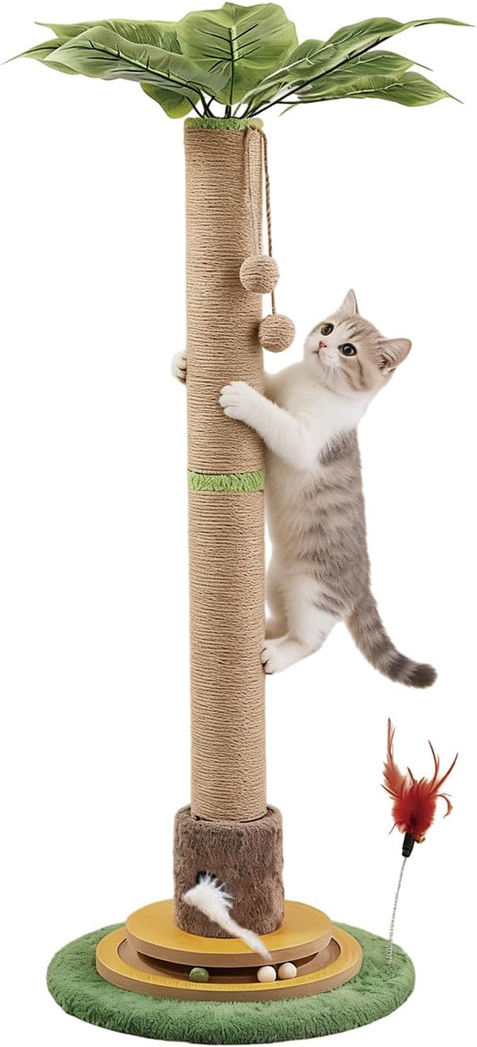 44" Tall Palm Tree Cat Scratching Post with Sisal Rope,Dangling Balls,Natural Healthy Catnip Balls,Cat Toy Mouse Hole,Interactive Wooden Ball & Cats Wand for Indoor Cats Adults and Kitten