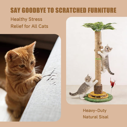 44" Tall Palm Tree Cat Scratching Post with Sisal Rope,Dangling Balls,Natural Healthy Catnip Balls,Cat Toy Mouse Hole,Interactive Wooden Ball & Cats Wand for Indoor Cats Adults and Kitten