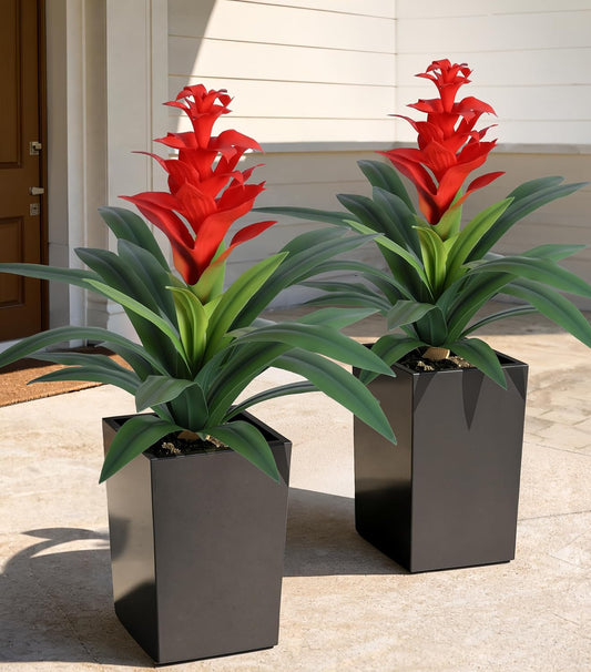 Artificial Plants Outdoor, 2 Pcs 16.93" Red Bromeliads Fake Flowers UV Resistant Faux Plants Outdoor Tropical Flowers for Planters Outside Front Door Patio Yard Garden Porch Indoor Decor