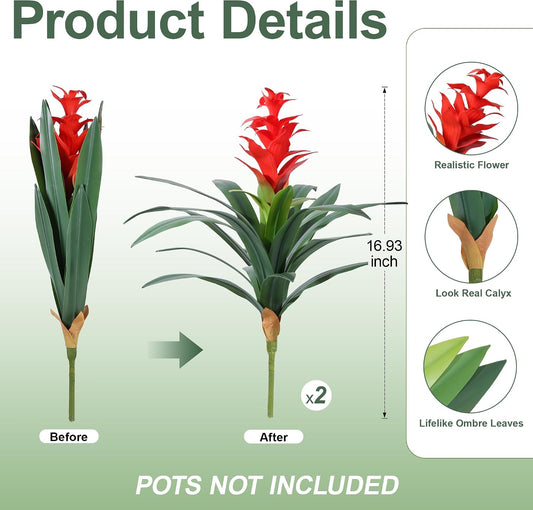 Artificial Plants Outdoor, 2 Pcs 16.93" Red Bromeliads Fake Flowers UV Resistant Faux Plants Outdoor Tropical Flowers for Planters Outside Front Door Patio Yard Garden Porch Indoor Decor