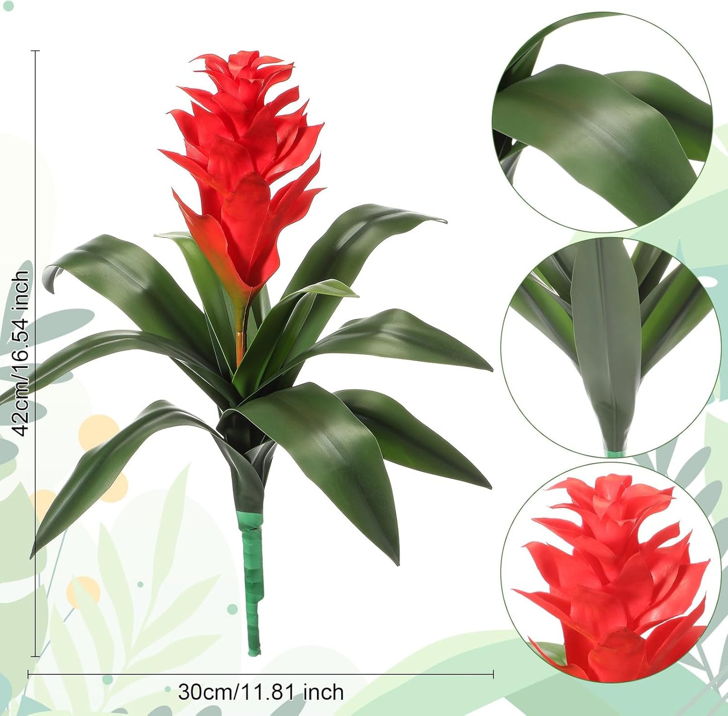 6 Pack 16'' Artificial Tropical Bromeliad Flower Fake Ginger Torch Red/Yellow Bromeliad Plant New House Gift for Indoor Outdoor Patio Garden Home Decor (Red)