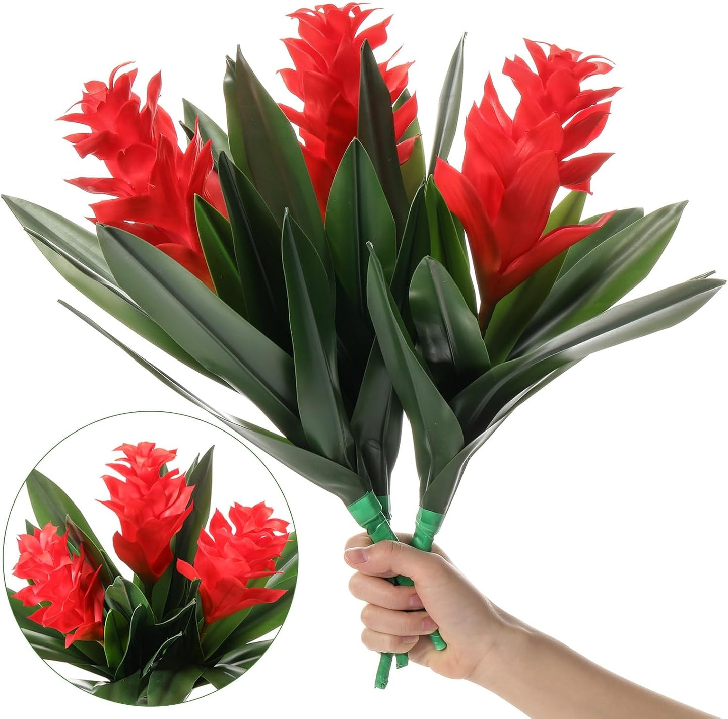 6 Pack 16'' Artificial Tropical Bromeliad Flower Fake Ginger Torch Red/Yellow Bromeliad Plant New House Gift for Indoor Outdoor Patio Garden Home Decor (Red)
