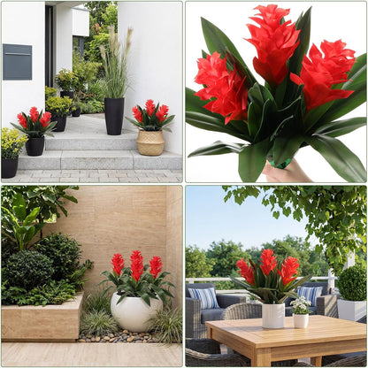 6 Pack 16'' Artificial Tropical Bromeliad Flower Fake Ginger Torch Red/Yellow Bromeliad Plant New House Gift for Indoor Outdoor Patio Garden Home Decor (Red)