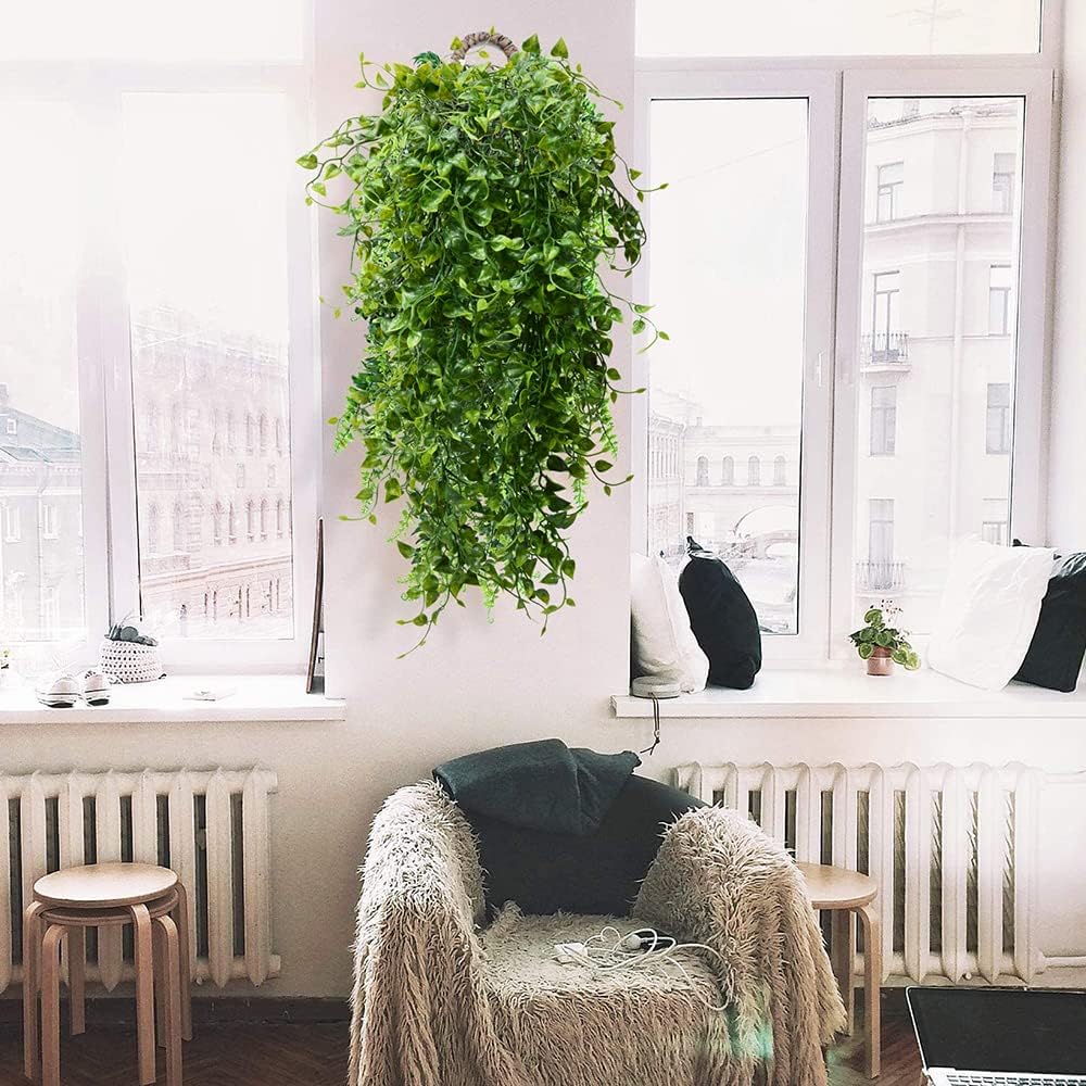 2pcs Artificial Hanging Plants 32-in Fake Hanging Plant Fake Ivy Vine Outdoor UV Resistant Plastic Plants (Ivy)