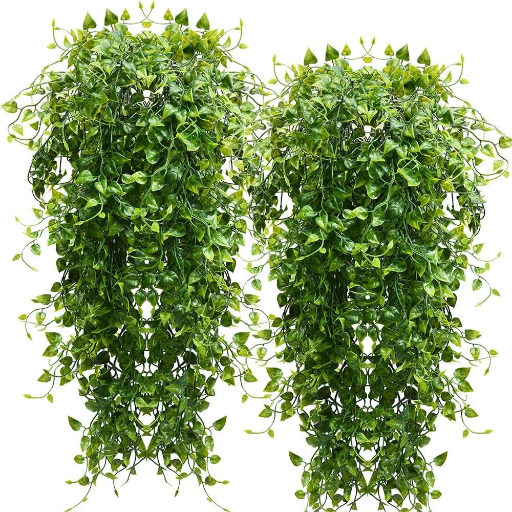 2pcs Artificial Hanging Plants 32-in Fake Hanging Plant Fake Ivy Vine Outdoor UV Resistant Plastic Plants (Ivy)