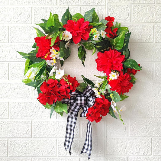 18 in Red Artificial Geranium Wreath,Red Geranium Wreath for Front Door, Fake Floral Wreath with Bow,Spring Summer Front Door Wreath,Decorative Farmhouse Wreath for Patio Porch Home