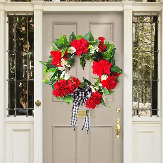 18 in Red Artificial Geranium Wreath,Red Geranium Wreath for Front Door, Fake Floral Wreath with Bow,Spring Summer Front Door Wreath,Decorative Farmhouse Wreath for Patio Porch Home