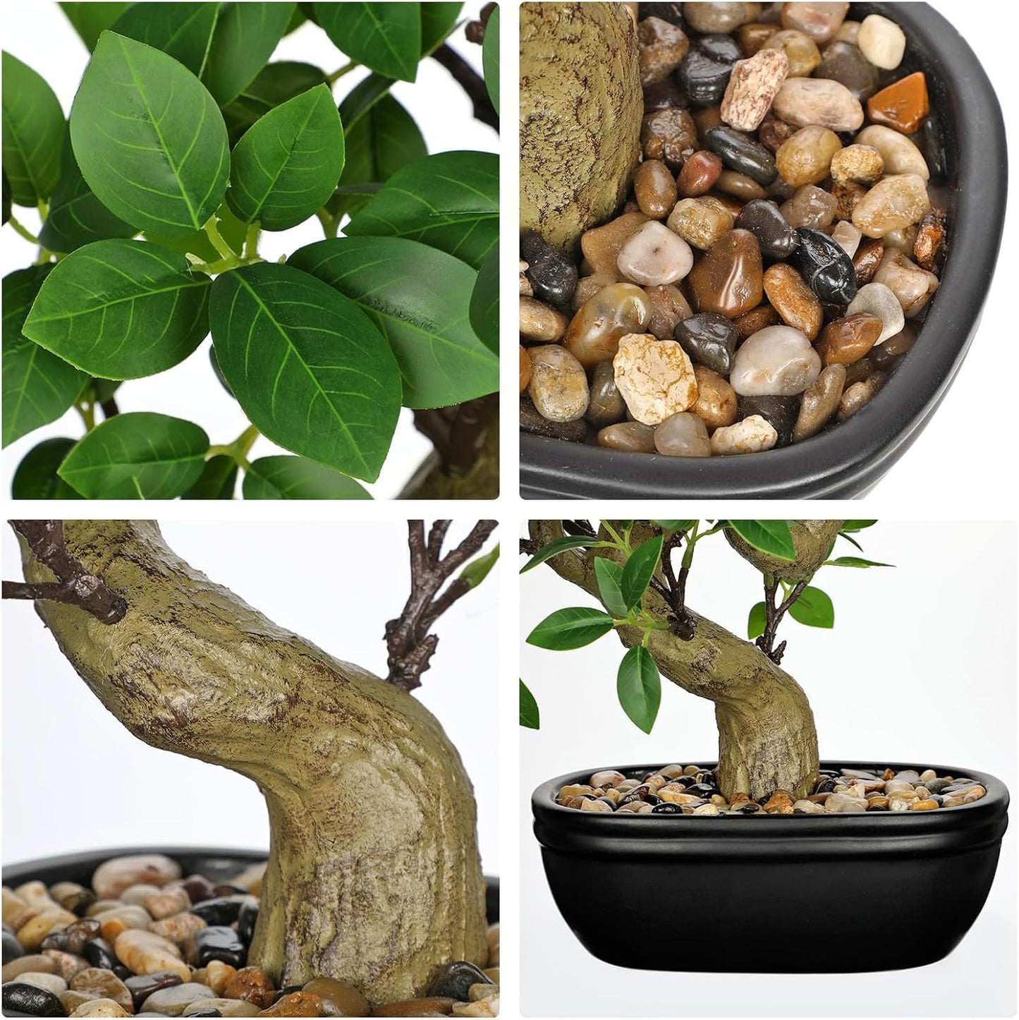 Artificial Bonsai Tree 12.9 Inch Faux Ficus Plant in Ceramic Pot with Pebbles Fake Green Potted Plant for Home Office Desk Decor Indoor Zen Table Centerpiece, Small Artificial Plants for Living Room