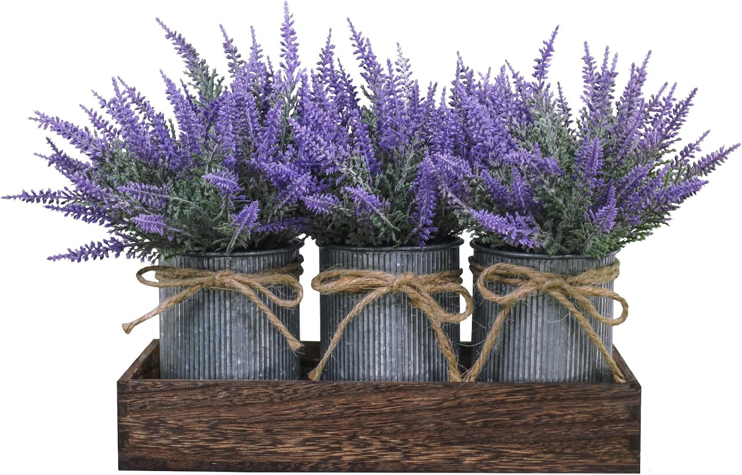 Set of 3 Small Potted Plants Arrangement Artificial Lavender Flower Plants in Rustic Galvanized Metal Pots with Decorative Wood Tray for Farmhouse Table Centerpiece Windowsill Country Indoor Decor