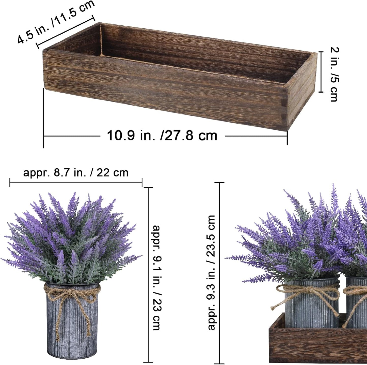 Set of 3 Small Potted Plants Arrangement Artificial Lavender Flower Plants in Rustic Galvanized Metal Pots with Decorative Wood Tray for Farmhouse Table Centerpiece Windowsill Country Indoor Decor
