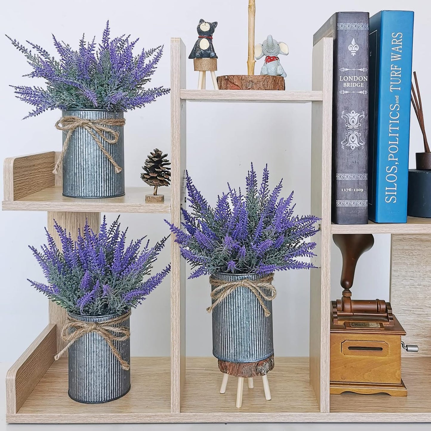 Set of 3 Small Potted Plants Arrangement Artificial Lavender Flower Plants in Rustic Galvanized Metal Pots with Decorative Wood Tray for Farmhouse Table Centerpiece Windowsill Country Indoor Decor